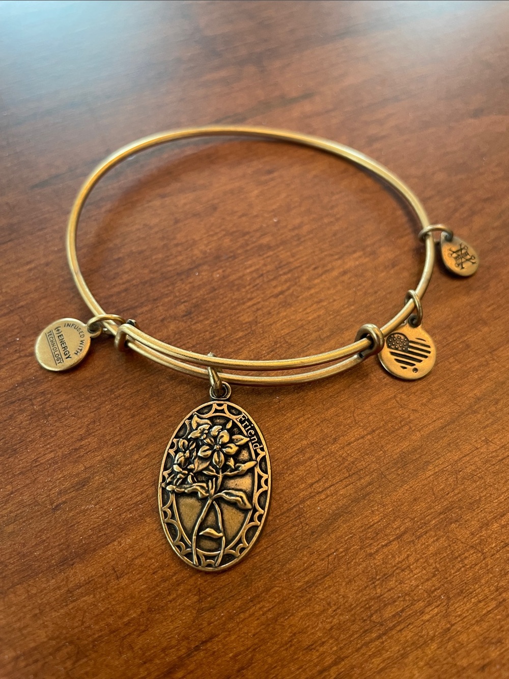 Alex and Ani Gold Floral Oval Charm Expandable Bangle